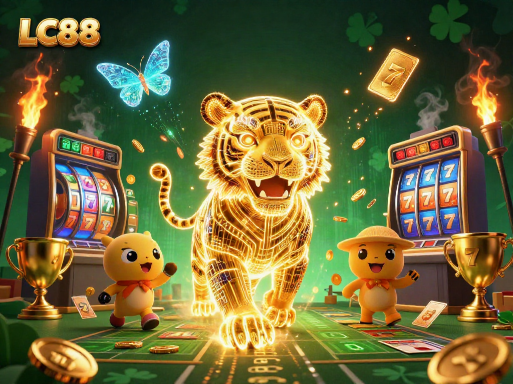 Experience thrilling LC88 gaming with a neon tiger and casino elements in a vibrant scene.