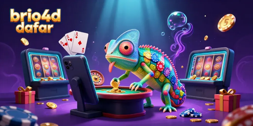 Engage with brio4d daftar at vibrant casino scene with a colorful chameleon and exciting game elements.