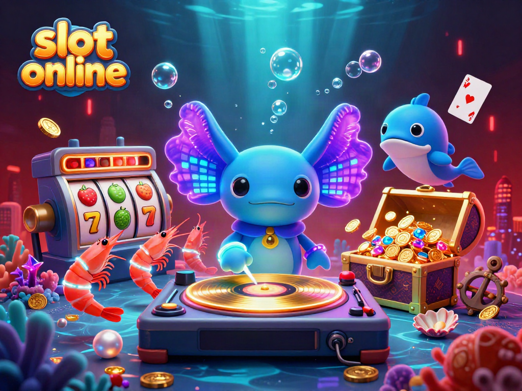 Menangkan permainan slot online dengan ilustrasi 3D penuh warna yang menampilkan DJ axolotl di bawah laut.