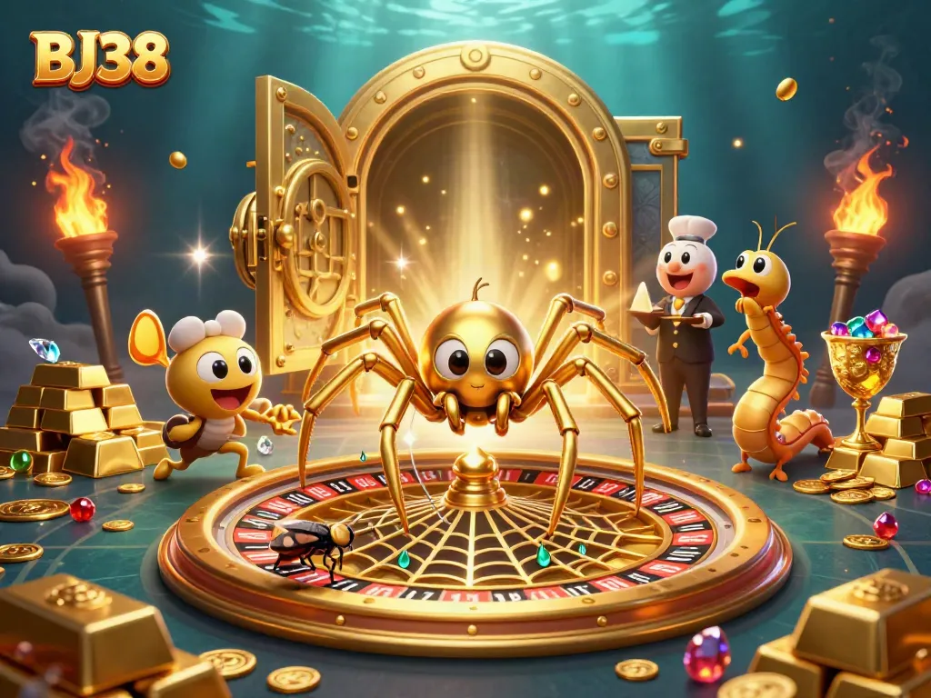 BJ38 enhances the excitement of betting with a golden web roulette and interactive characters in a fun casino-themed scene.