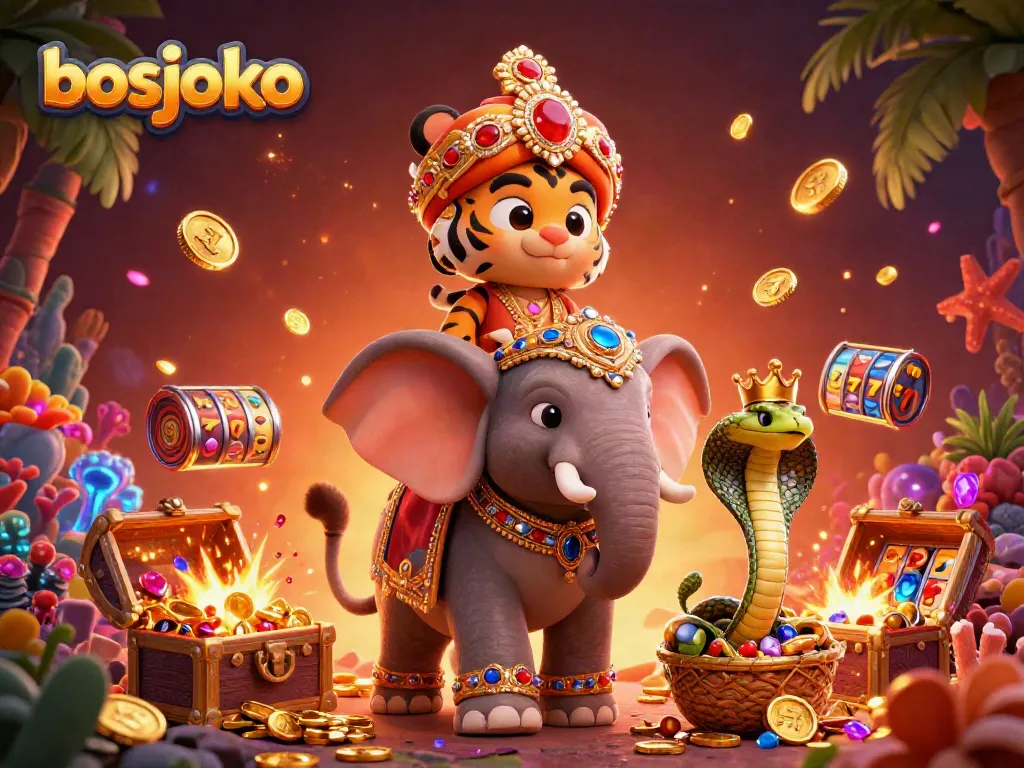 Engage in the world of bosjoko with a vibrant casino scene featuring a jewel-encrusted elephant and lively slot game elements.