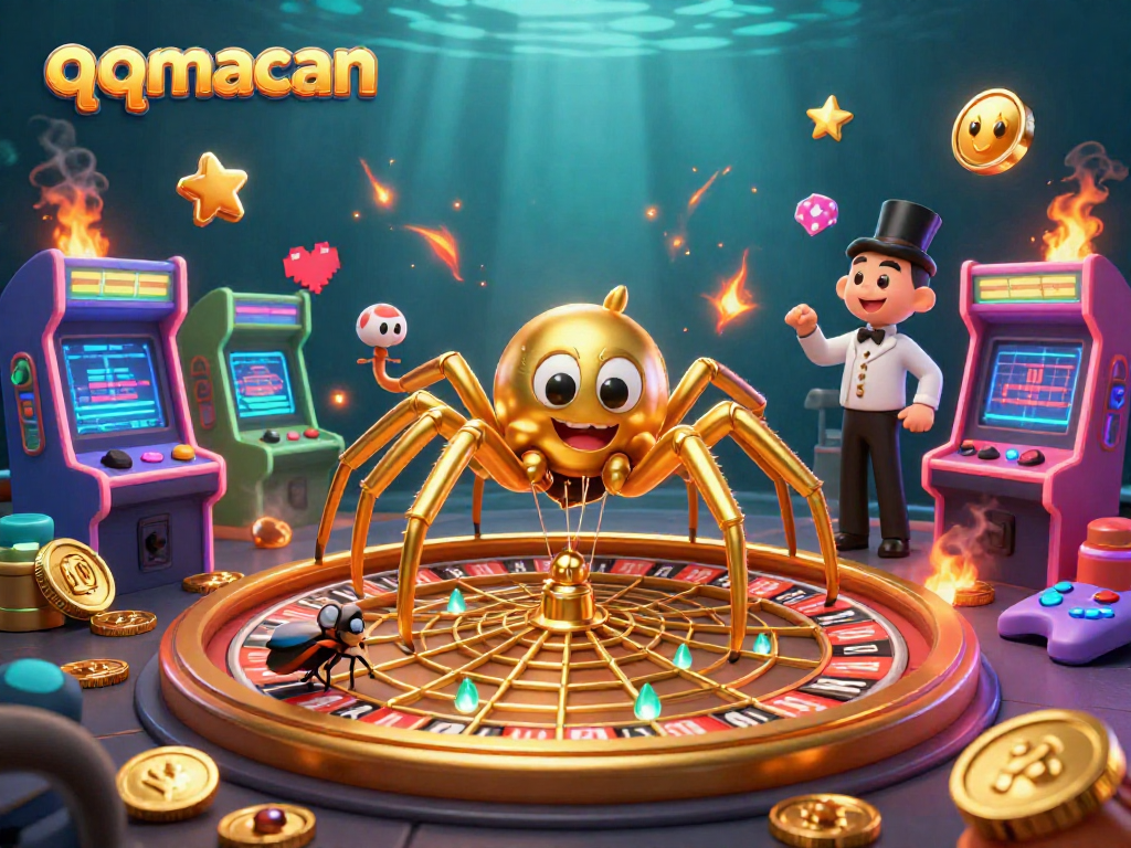 Spin the roulette wheel with qqmacan's thrilling gold web in this vibrant casino scene.