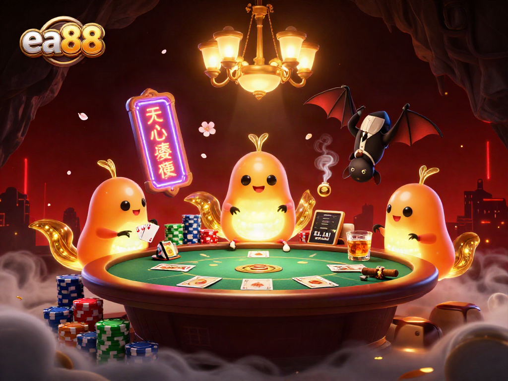 ea88 glowworms illuminate a vibrant cave casino scene with poker elements and a bat dealer