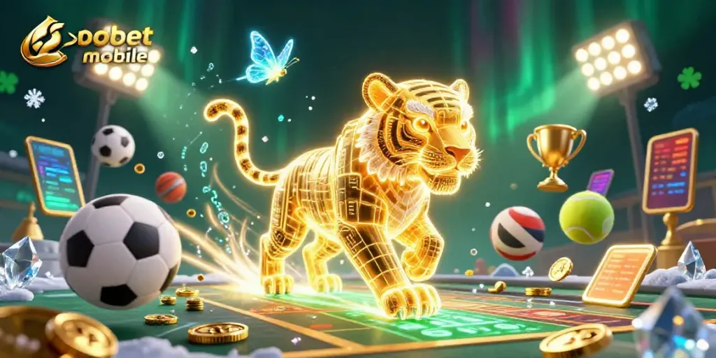 Engage with sbobet mobile in a vibrant 3D digital casino landscape featuring a neon tiger and sports elements.