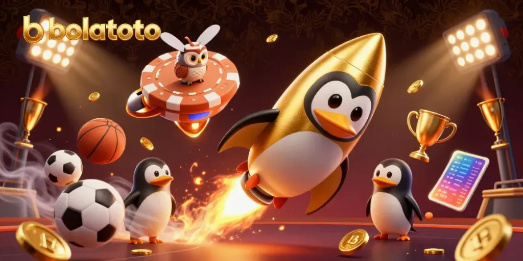 Experience thrilling adventures with bolatoto as a golden penguin blasts through a casino-themed galaxy.