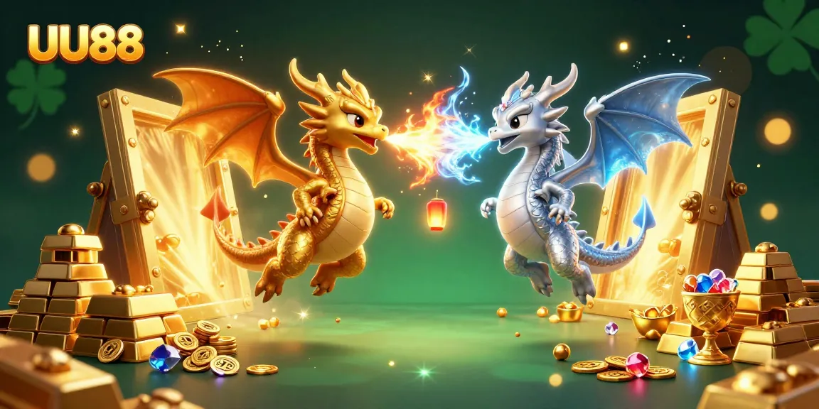 Experience thrilling gameplay with UU88 as golden and silver dragons embody epic battles amidst treasure.