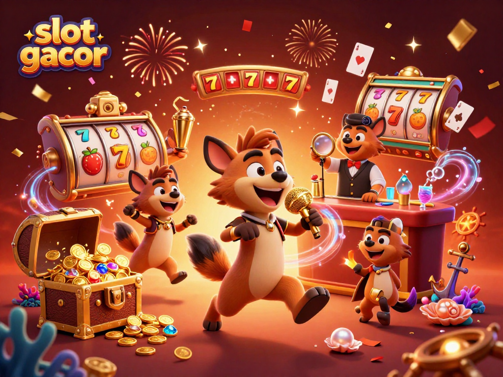Engage in thrilling slot gacor action with energetic hyena characters in a vibrant casino scene.