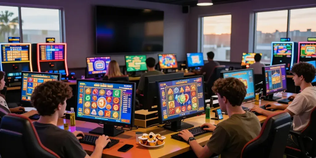 Dynamic gaming scene showcasing players exploring various ahha4d slot games on mobile and desktop in a vibrant lounge.