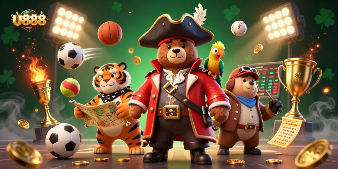 Betting big with U888 in a vibrant scene featuring a pirate captain bear and sports elements.