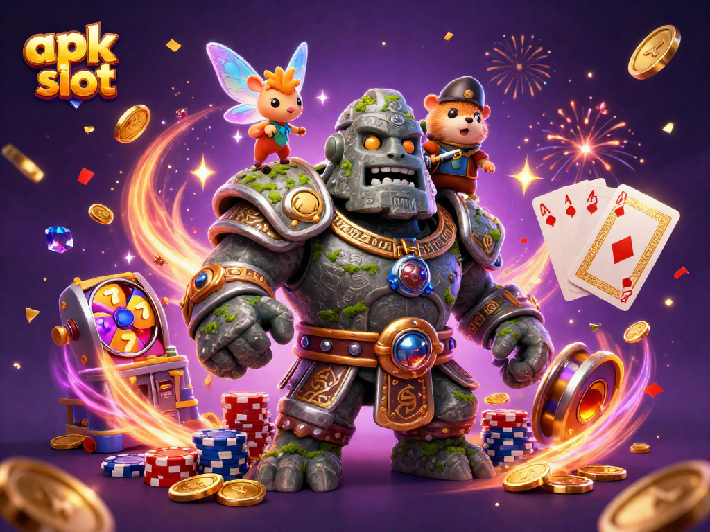 Mainkan apk slot di JKTJKT dengan simbol slot yang berkilau dalam suasana kasino yang meriah.