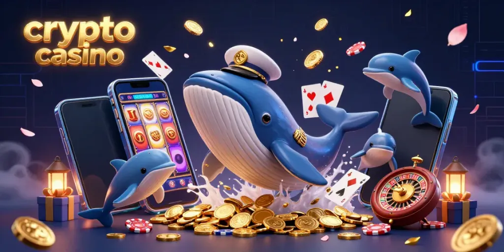 Experience excitement at this vibrant crypto casino featuring a whimsical whale, playful dolphins, and spinning slots.