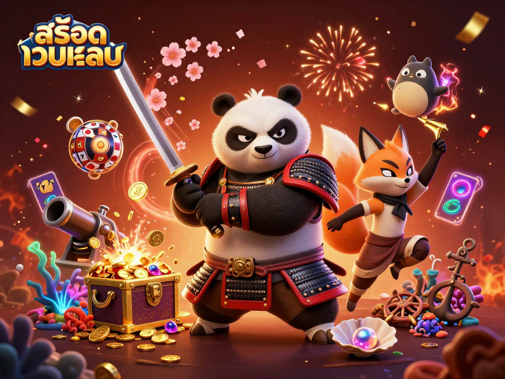 Play exciting games at สล็อตเว็บตรง featuring samurai panda and ninja fox in a vibrant casino setting.