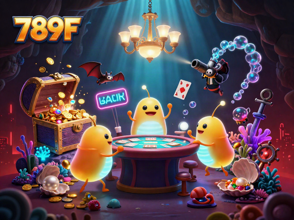 Experience vibrant gameplay at 789F with glowing underwater elements illuminating a lively casino scene.