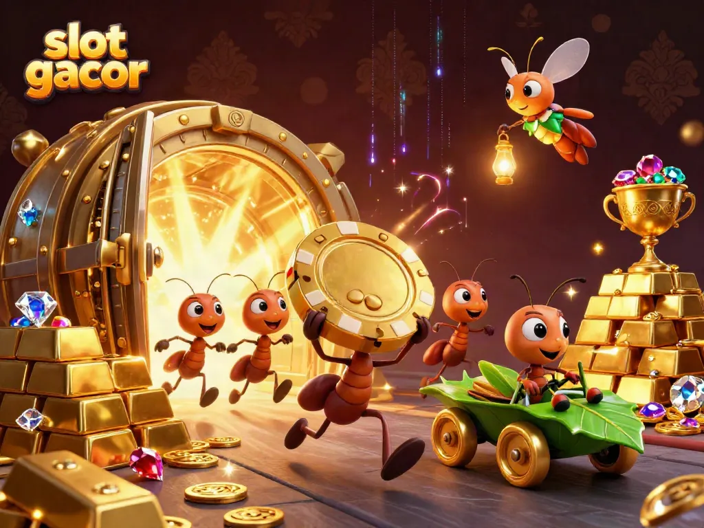 Experience thrilling slot gacor adventures with ants carrying massive poker chips in a dynamic heist scene.
