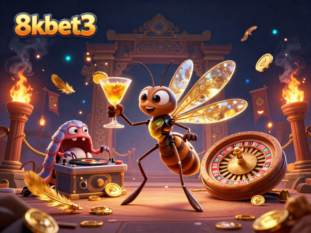 Engage with 8kbet3's dynamic gambling universe featuring unique 3D characters in a lively casino setting.