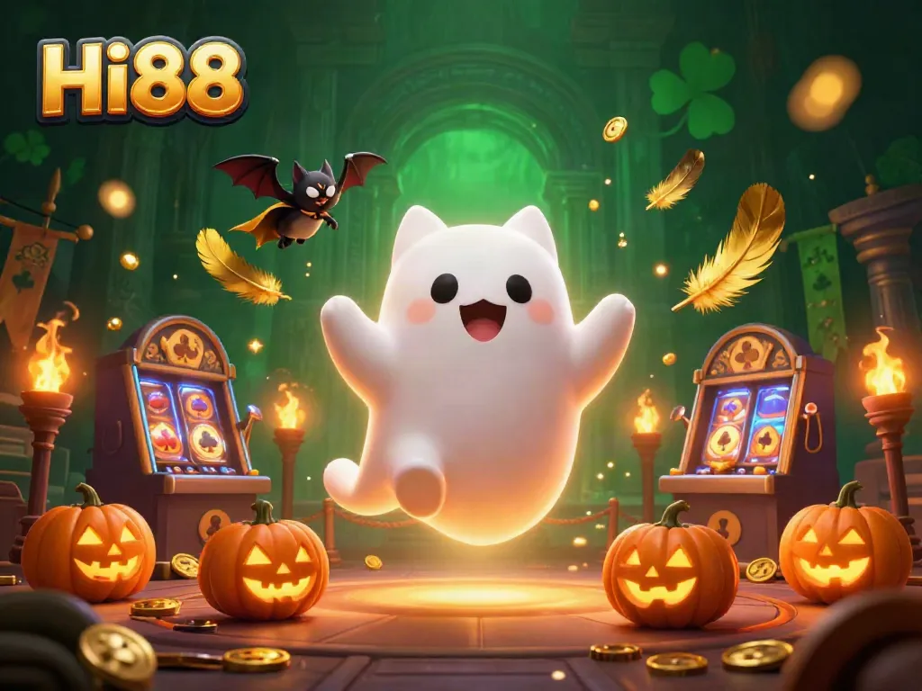 Engage with Hi88's thrilling casino adventure featuring a ghost cat and bat with spooky elements.