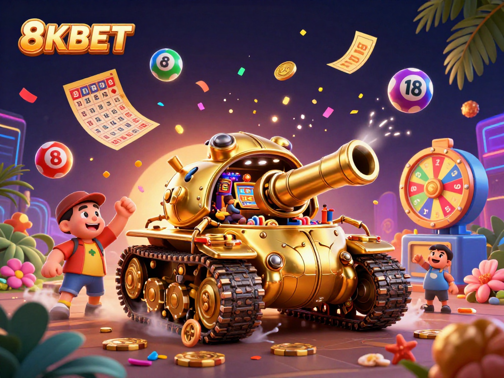 Engage with 8KBET's thrilling casino experience featuring animated prize elements and rich visuals.
