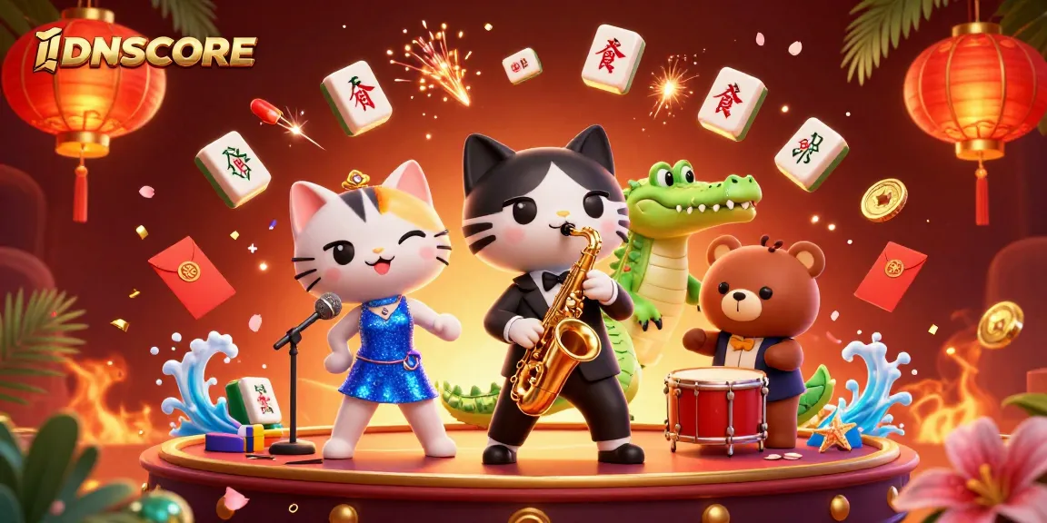 IDNSCORE features a jazzy virtual casino stage with lively characters and vibrant gambling elements.