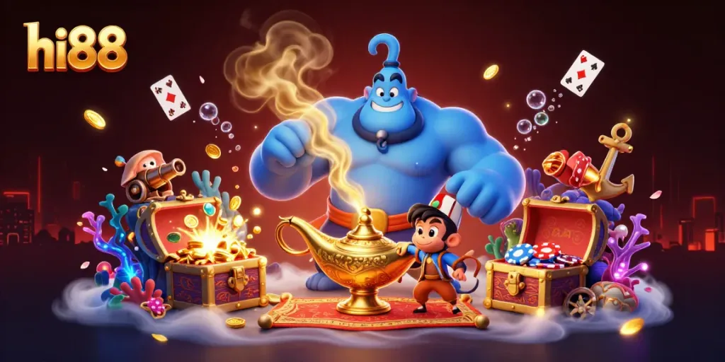 Experience the thrill of hi88 with a massive genie, poker chips, and treasures in a vibrant casino-themed fantasy.