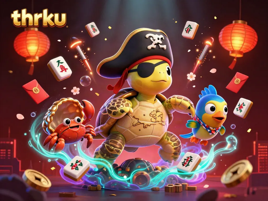 Experience thrilling gameplay with thrku, featuring a pirate turtle, a golden hermit crab, and vibrant casino elements.