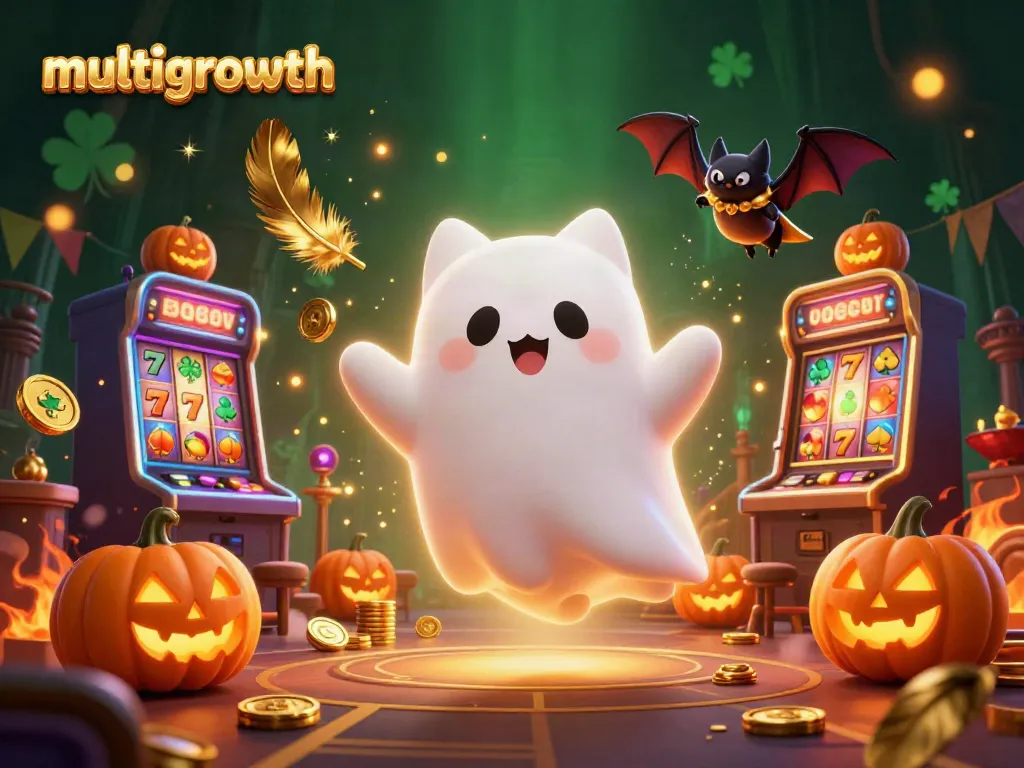 Experience multigrowth gaming excitement with a lively haunted casino, featuring a friendly ghost cat and a vampire bat.