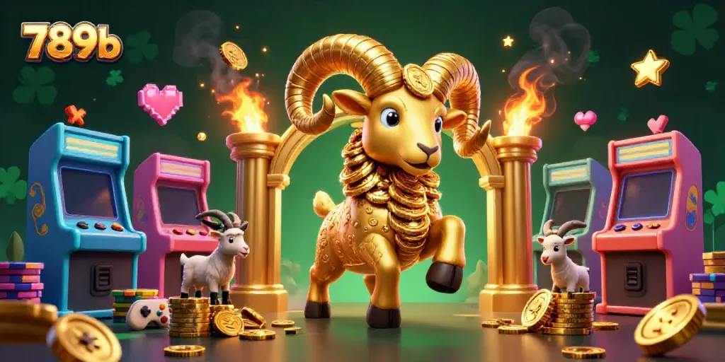 Win big at 789b with a thrilling 3D casino scene featuring a golden ram and vibrant arcade machines.