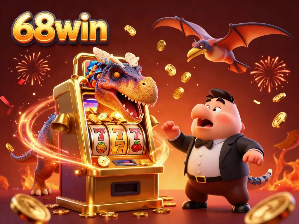 Experience jackpot excitement at 68win with a dinosaur and casino scene bursting with energy.