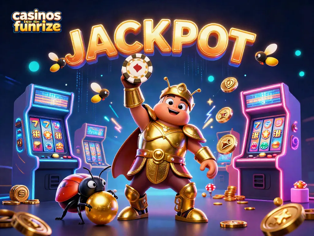 Winning big at casinos like Funrize with cartoon characters celebrating jackpot in a vibrant scene.