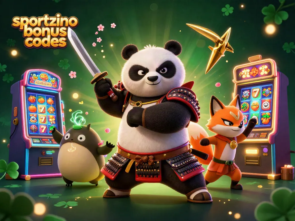 Engage with sportzino bonus codes to win big, highlighted in a vibrant illustration featuring a samurai panda and lucky slot machines.