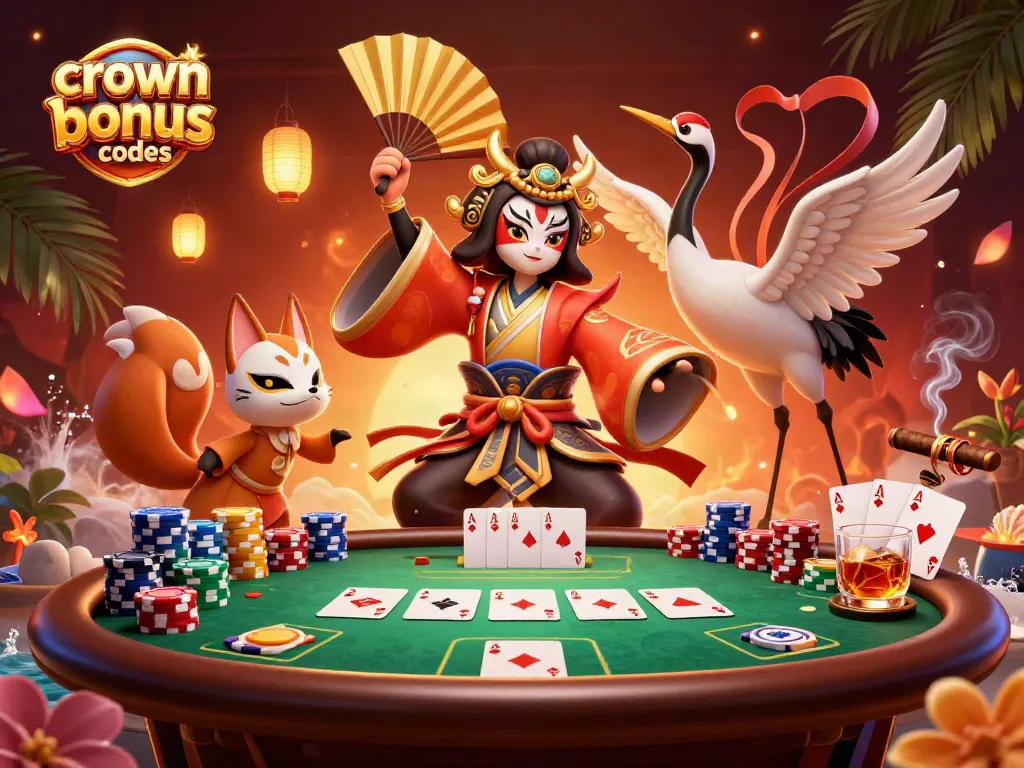 Crown coins bonus codes illuminate a thrilling poker scene with kabuki warrior and kitsune, vibrant gambling elements surrounding them.