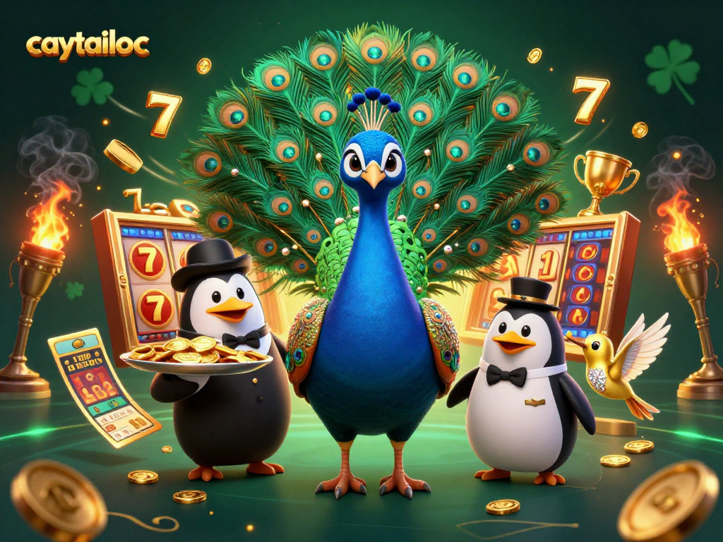 Experience the excitement of caytailoc with dynamic slot reels and golden winnings in this vibrant 3D scene.