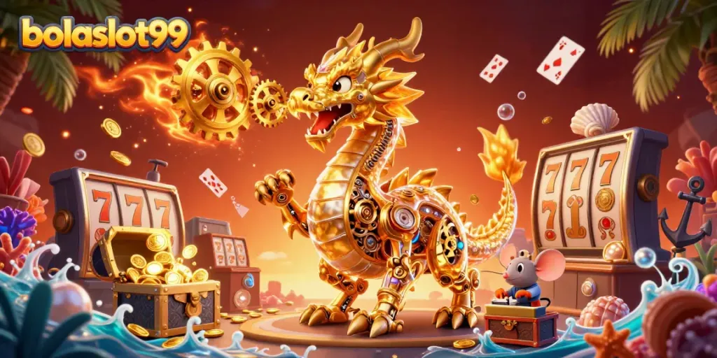 Experience the thrill of bolaslot99 with vibrant slots and golden treasures bursting in a stunning 3D scene.