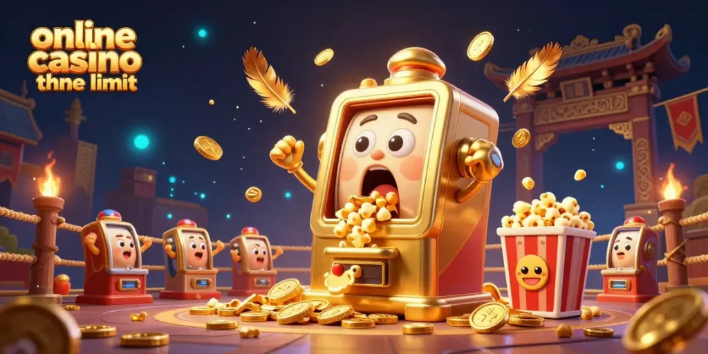 Experience excitement in an online casino ohne limit with a golden slot machine hitting the jackpot and smaller machines cheering.