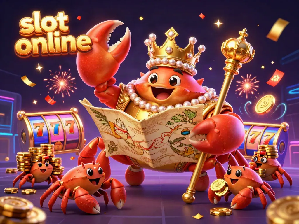 Engage with colorful slot online adventures featuring a golden crab emperor, showcasing vibrant treasure elements.