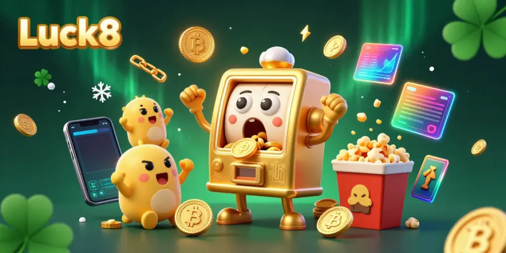 Experience the excitement of Luck8 as animated slot machines celebrate a jackpot amidst floating crypto coins and vibrant casino elements.