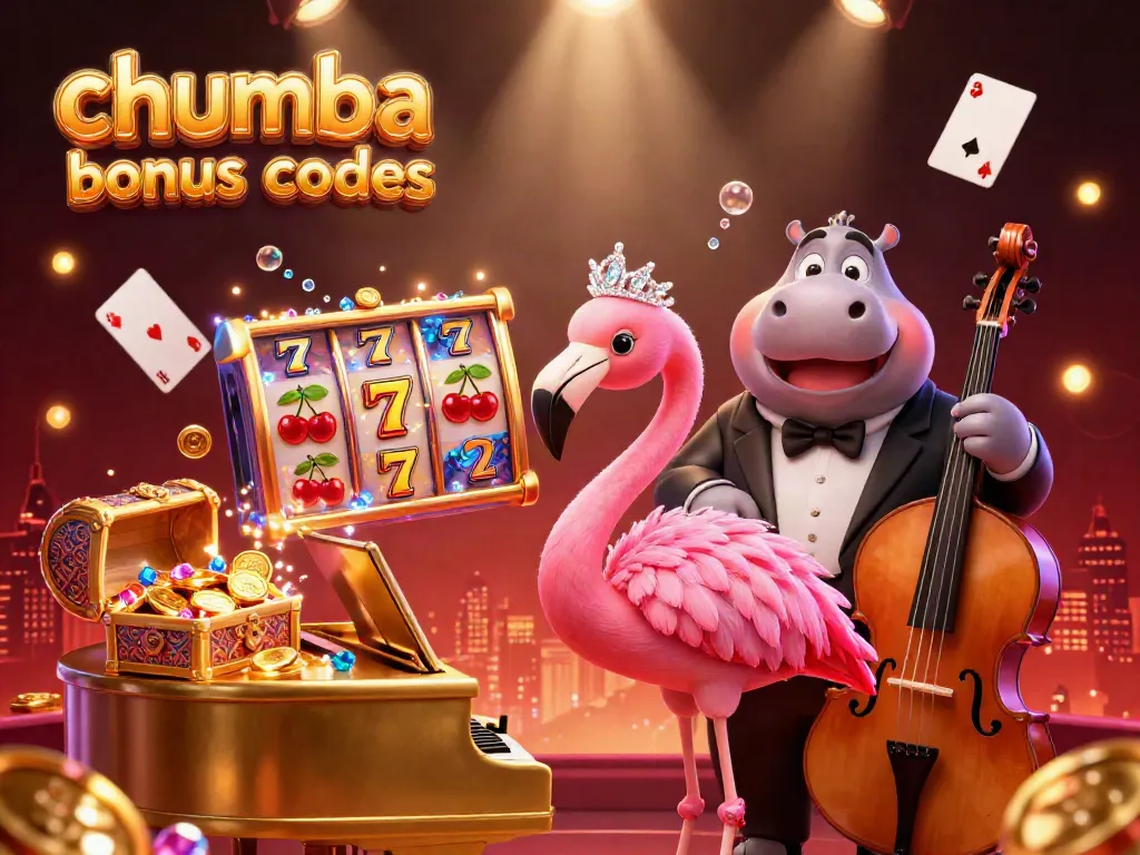 Play and win with chumba casino bonus codes in a vibrant casino-themed illustration featuring flamingo singer and hippo bassist.
