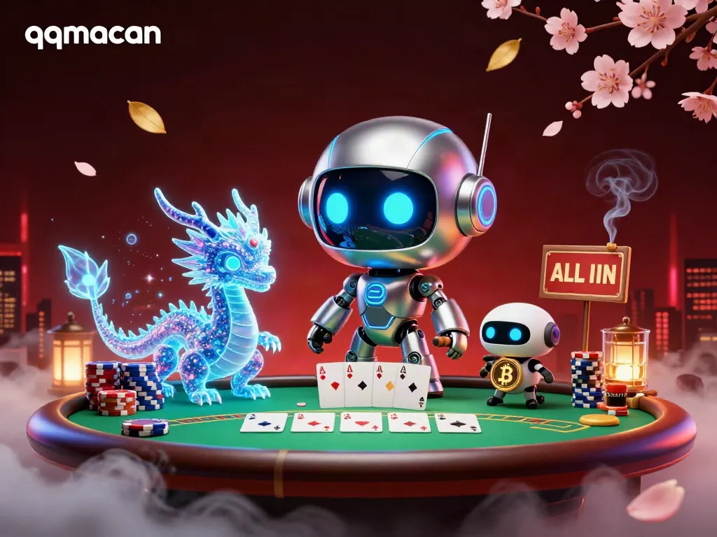 Experience qqmacan with a vibrant scene featuring a cyberpunk robot, AI dragon, and bitcoin drone at a poker table.