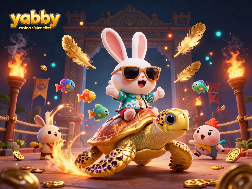 Play exciting games at yabby casino sister sites with a lucky rabbit and turtle in a vibrant scene.