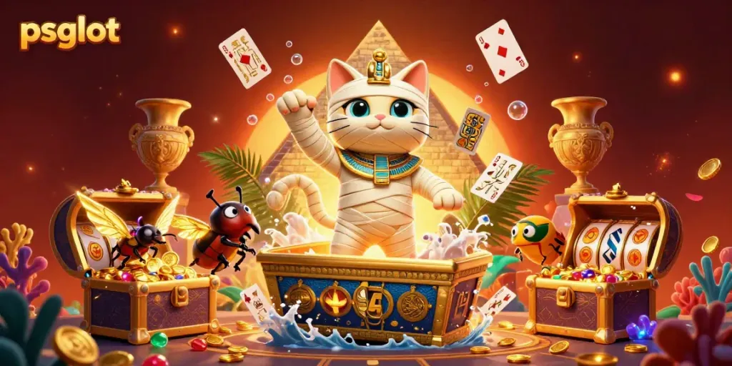 Gambarkan kucing mummy 3D psgslot yang keluar dari sarkofagus emas dengan elemen perjudian menarik.