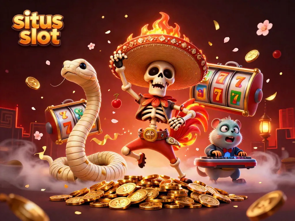 Ilustrasi 3D situs slot dengan karakter ayam jantan, ular, dan hamster DJ di tengah tumpukan koin emas