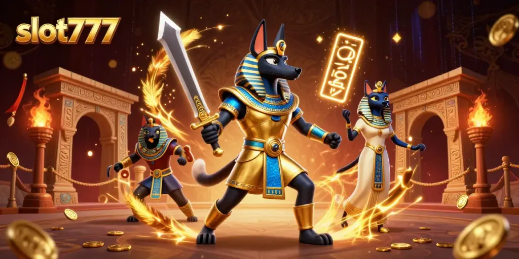 Menangkan jackpot di slot777 dengan karakter Anubis dan Bastet dalam ilustrasi 3D yang megah.