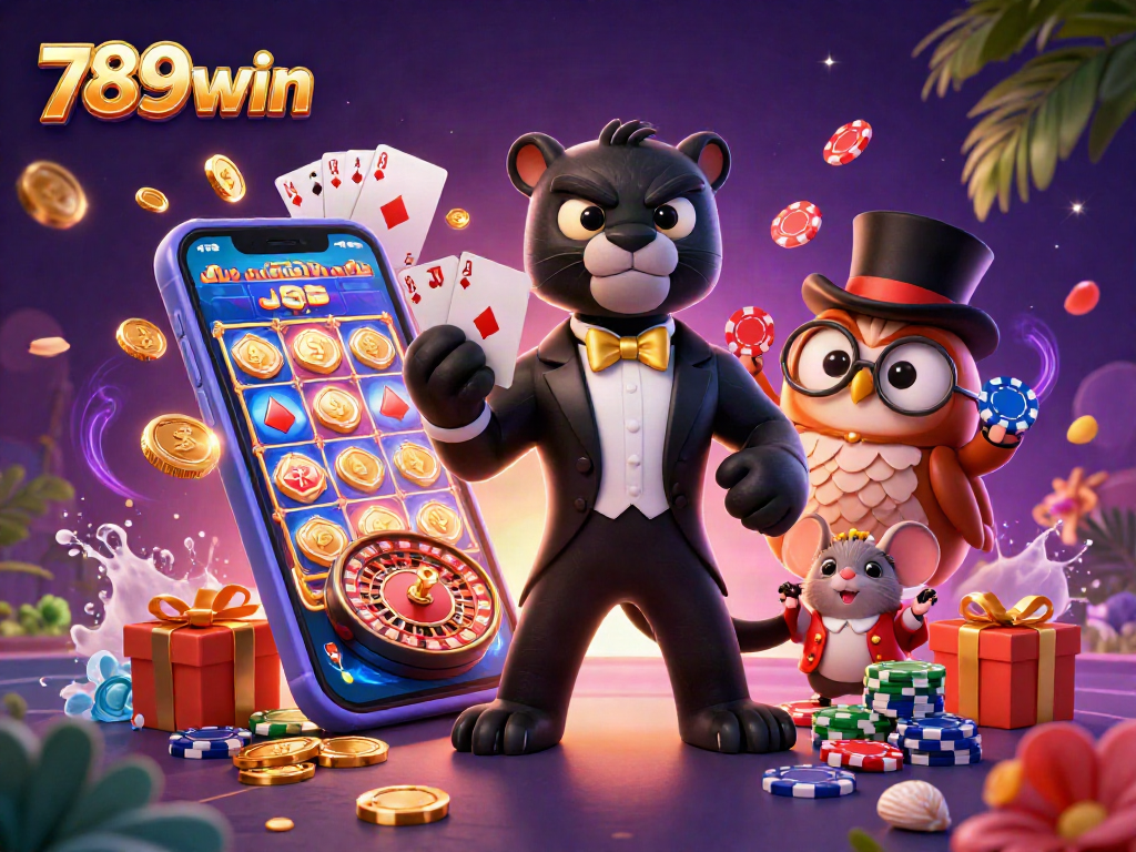 Engage with 789win's vibrant casino scene featuring a stylish panther dealer, owl, and a lucky mouse.