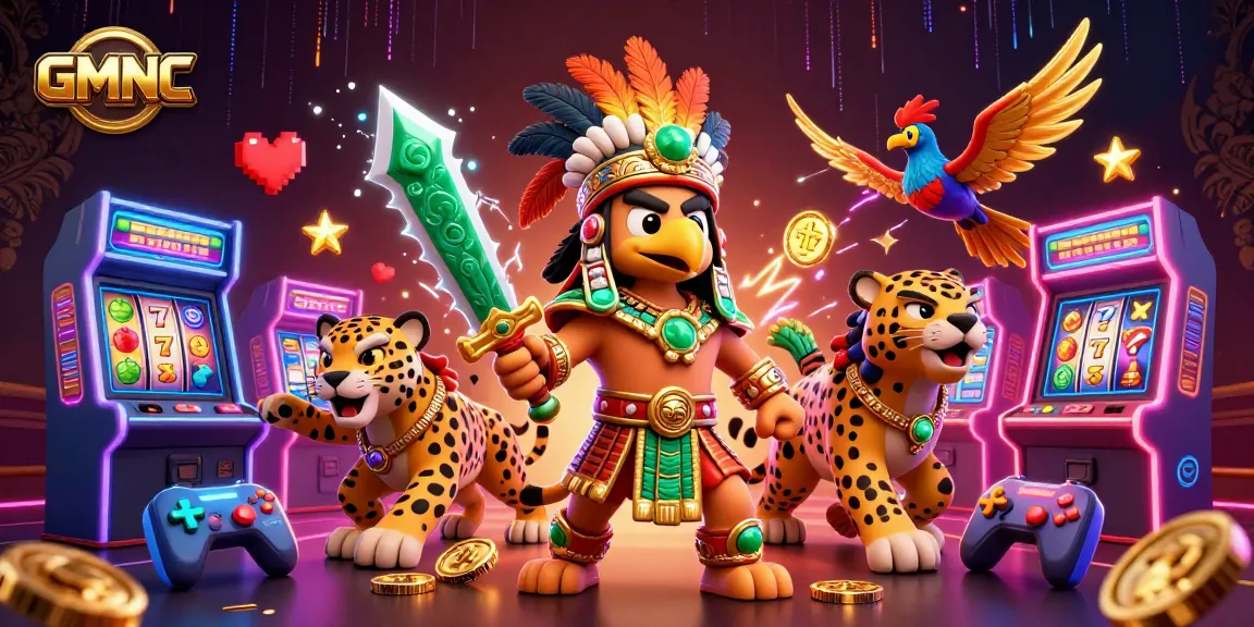 Engage with GMNC featuring a vibrant Aztec warrior scene with slot machines and dynamic gaming elements.