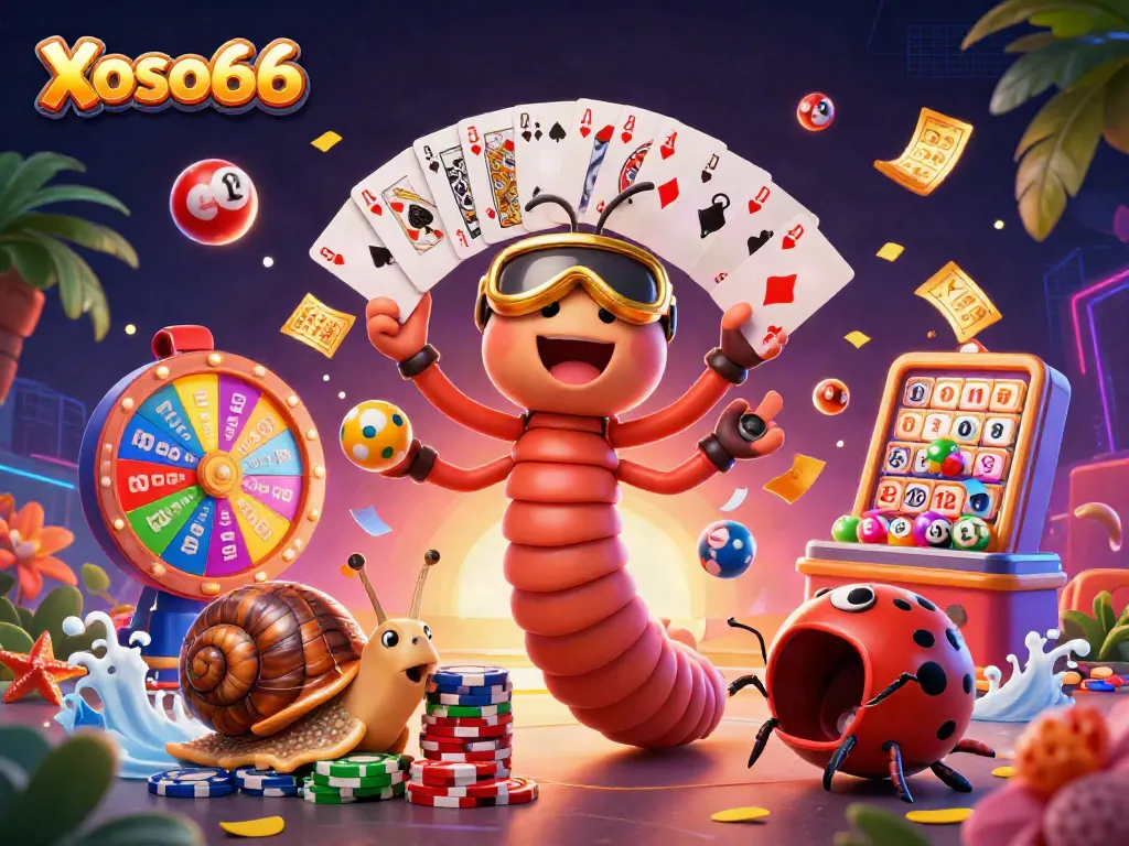 Xoso66 engages players with a vibrant casino scene featuring a millipede dealer and dynamic lottery elements.