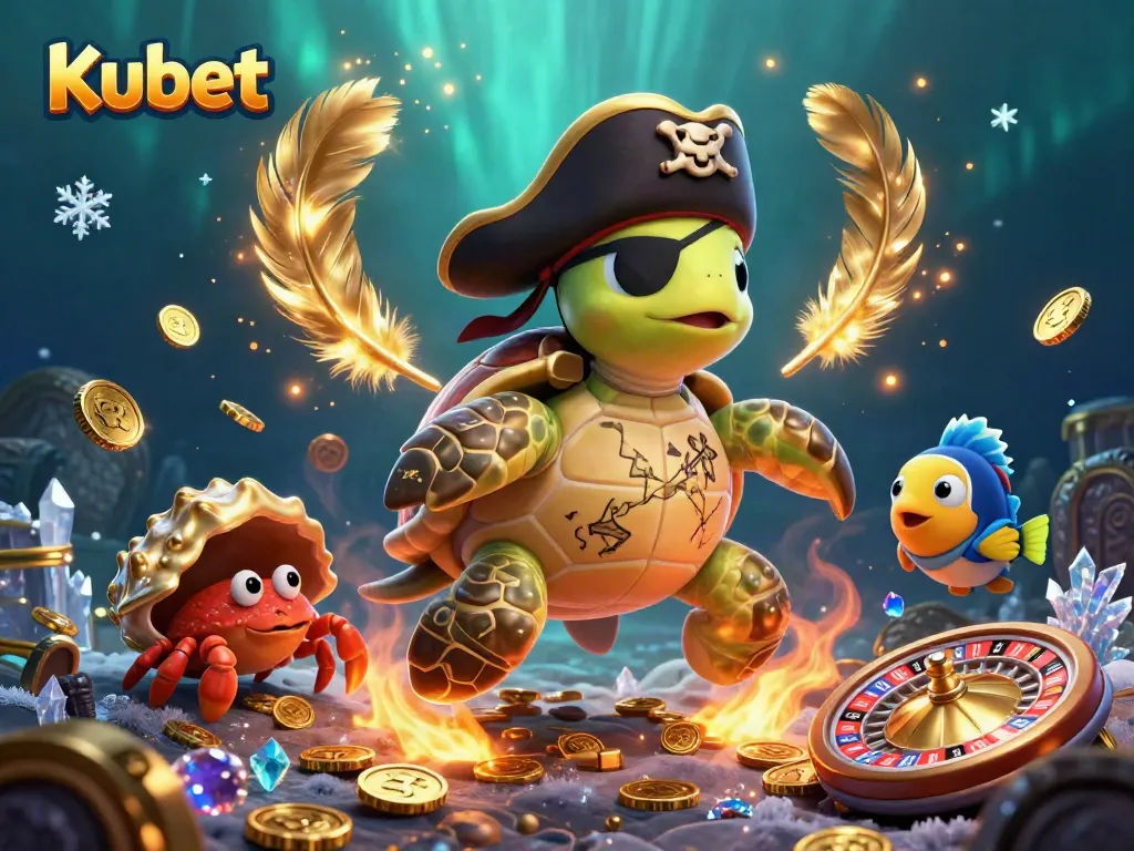 Kubet casino scene with pirate turtle and treasure, showcasing dynamic roulette action.