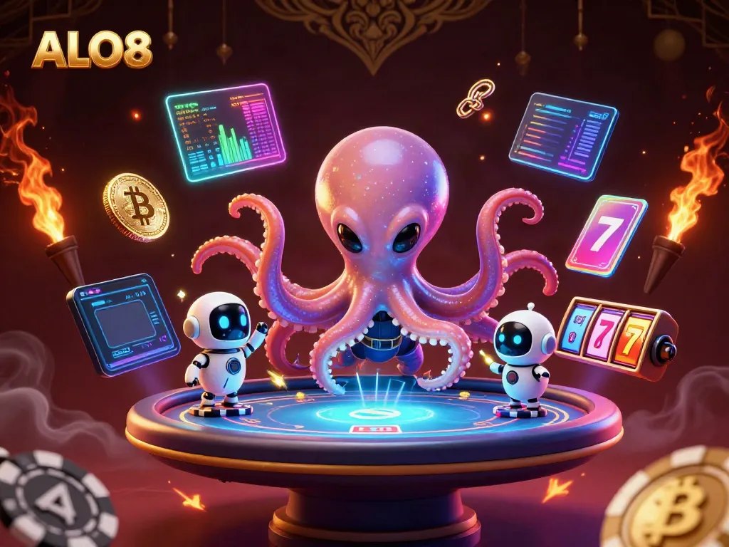 Experience the thrill of ALO8 with a cosmic octopus at a digital poker table, surrounded by glowing crypto elements.