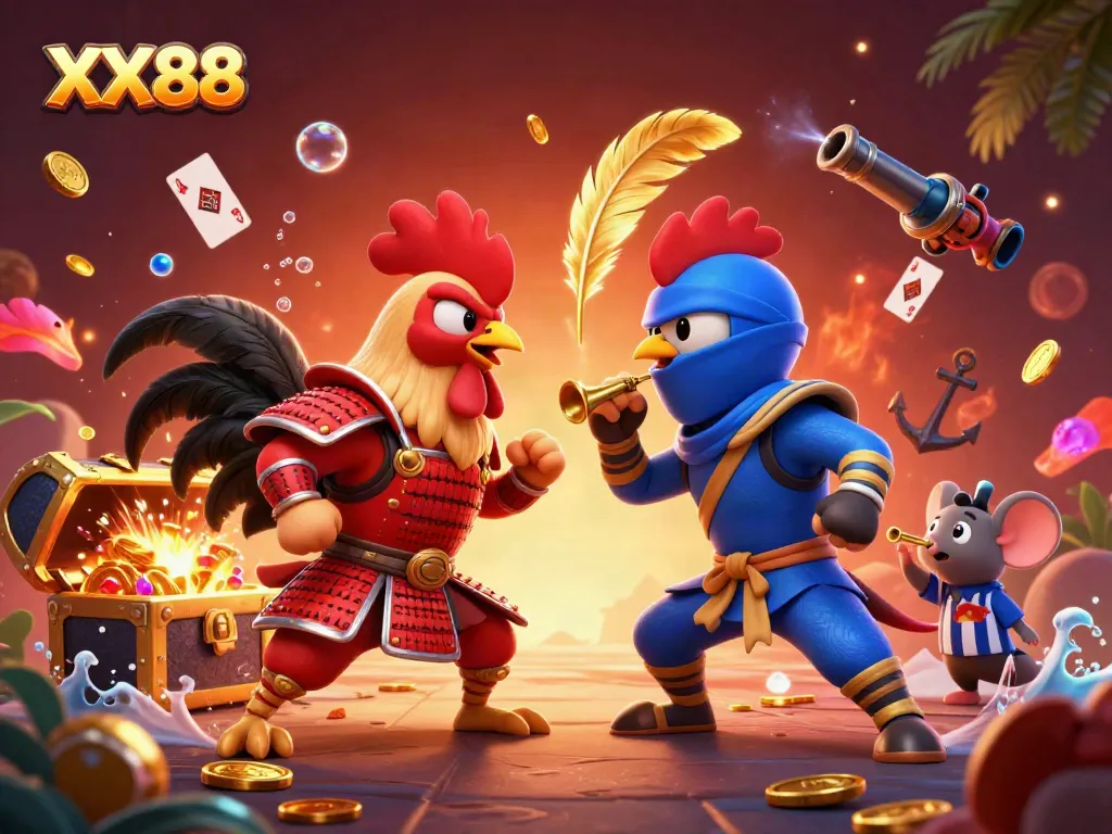 Experience the thrill of XX88 as roosters battle in a vibrant casino scene filled with treasure.