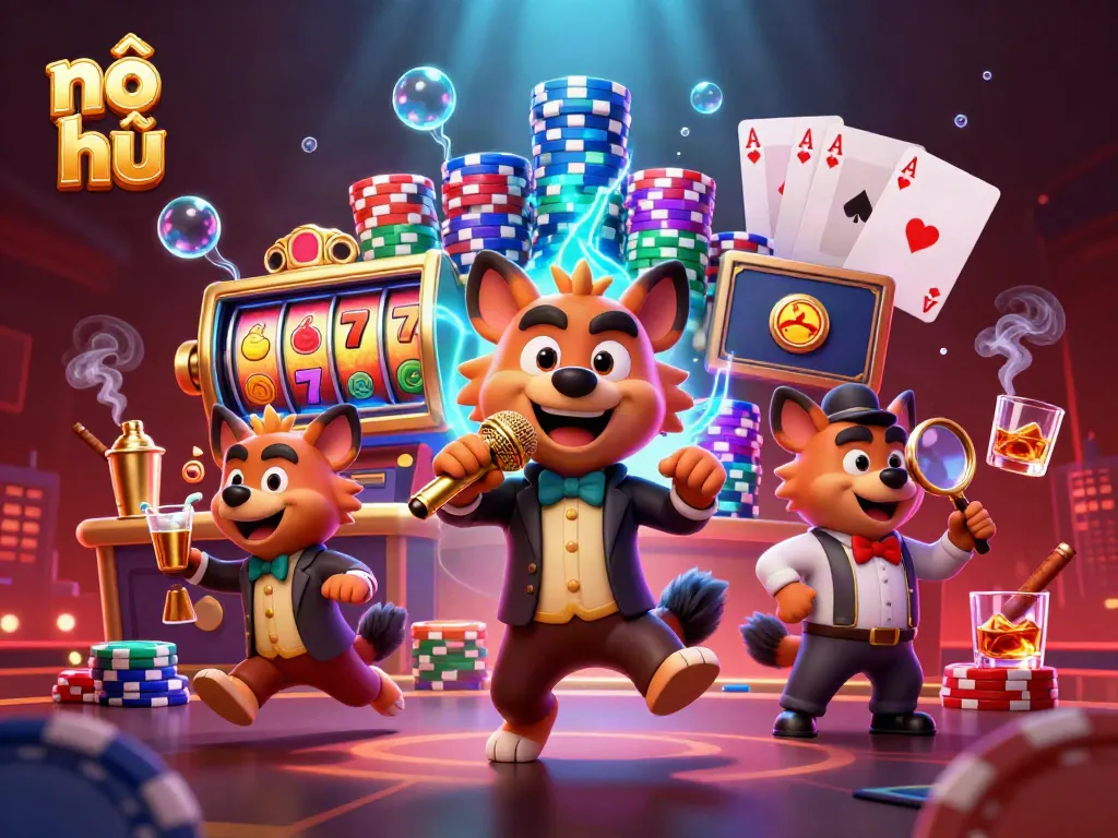 Engage with nổ hũ slots illustrated by a lively 3D hyena casino scene.