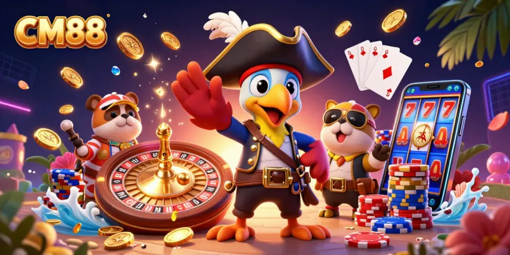 CM88 pirate captain and crew surrounded by casino symbols and golden coins in a dynamic gambling scene.