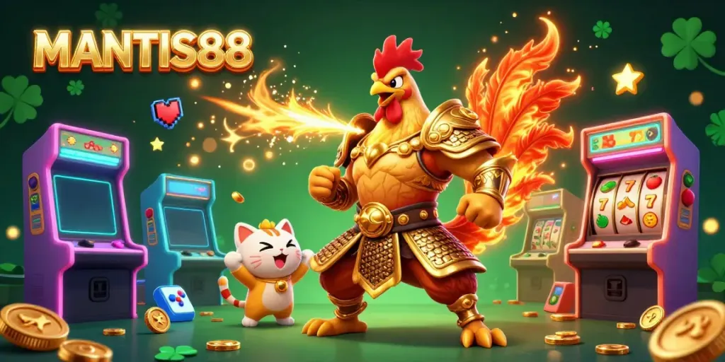 MANTIS88's dynamic casino scene with a warrior rooster, roaring dragon, and vibrant game machines.